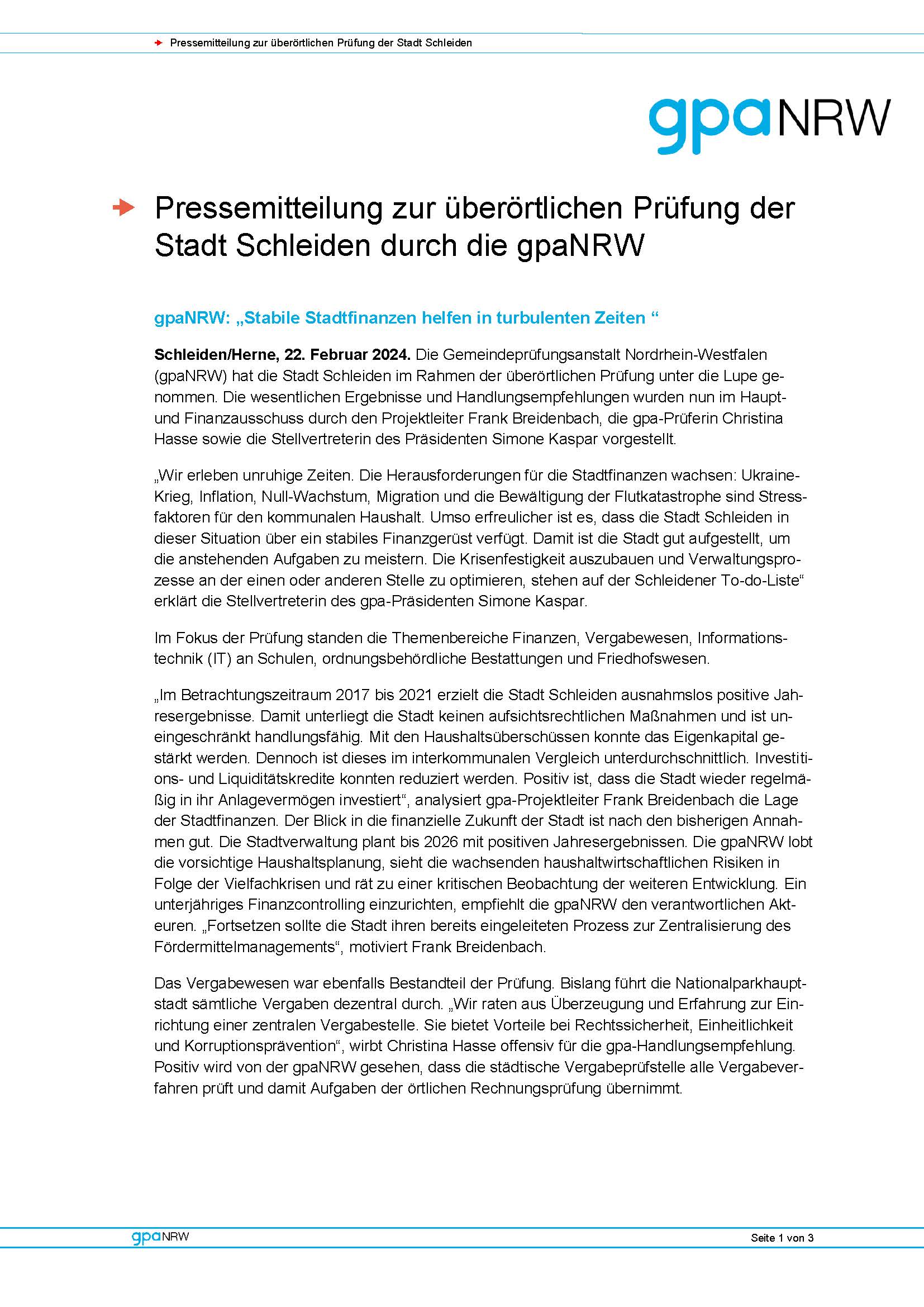 Pressemitteilung zur überörtlichen Prüfung der Stadt Schleiden durch die gpaNRW