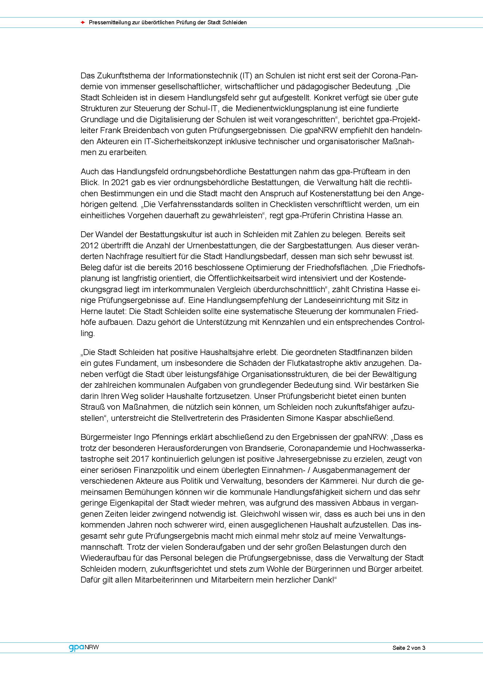 Pressemitteilung zur überörtlichen Prüfung der Stadt Schleiden durch die gpaNRW